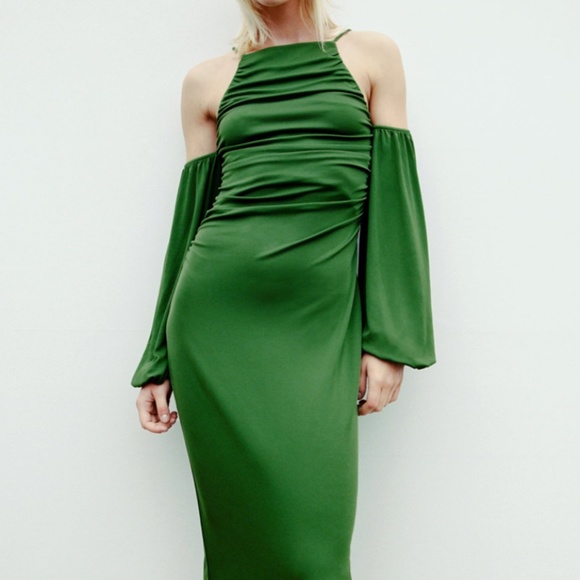 green ruched dress zara Green Asymmetrical Ruched Dress Zara